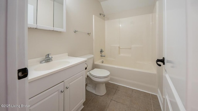 full bathroom with shower / washtub combination, tile patterned flooring, vanity, and toilet