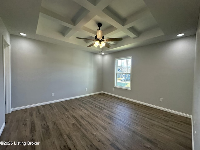 unfurnished room featuring baseboards, coffered ceiling, a ceiling fan, and dark wood-type flooring