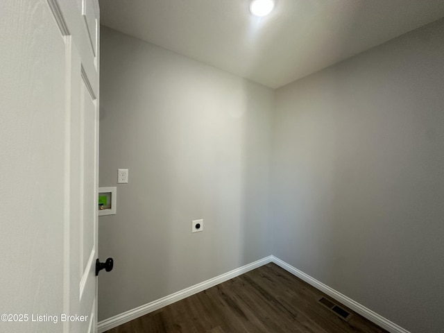 laundry room with visible vents, dark wood-style floors, baseboards, hookup for an electric dryer, and laundry area