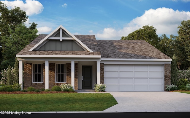 view of front of property with a garage, brick siding, concrete driveway, board and batten siding, and a front yard