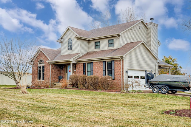 view of front of house featuring a garage, a chimney, a front lawn, and brick siding