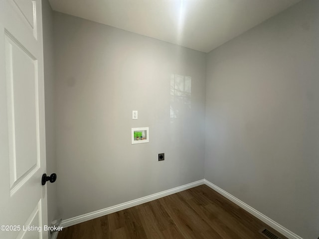 laundry area featuring hookup for a washing machine, baseboards, hookup for an electric dryer, laundry area, and dark wood-style flooring