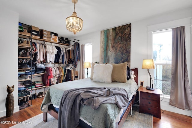 bedroom featuring a closet, multiple windows, and wood finished floors