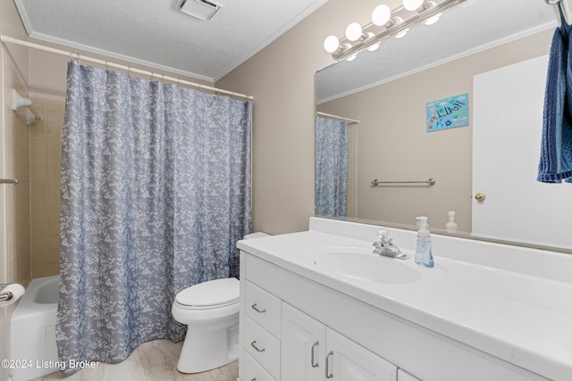 full bath featuring shower / tub combo, visible vents, toilet, crown molding, and vanity