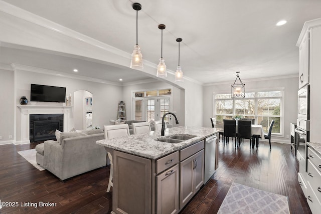 kitchen with stainless steel appliances, a glass covered fireplace, dark wood-style flooring, and a sink