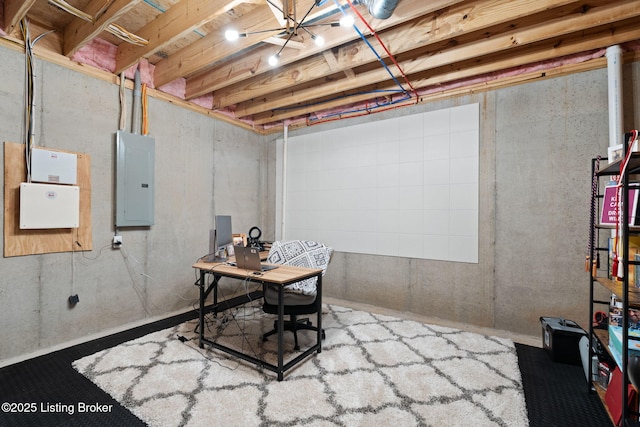 unfinished basement featuring electric panel