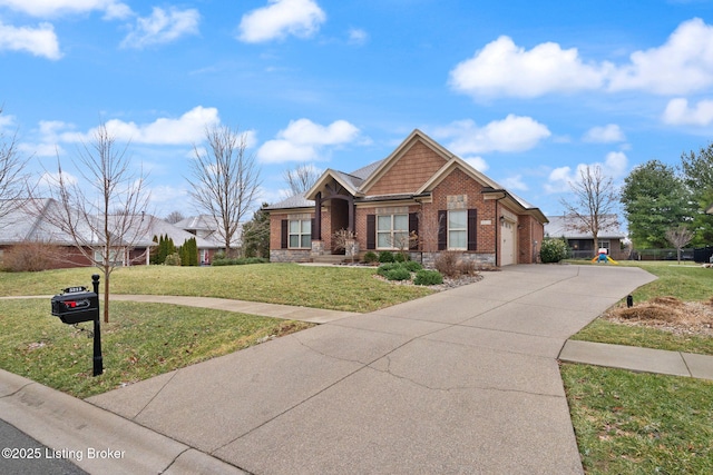 craftsman-style house with a garage, concrete driveway, brick siding, and a front lawn