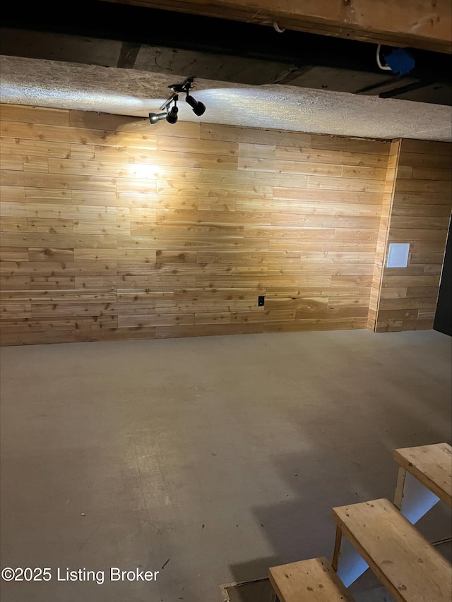 unfinished below grade area featuring wooden walls