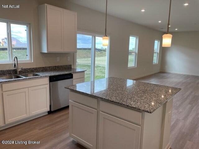 kitchen featuring light wood-style floors, dishwasher, light stone counters, and a sink