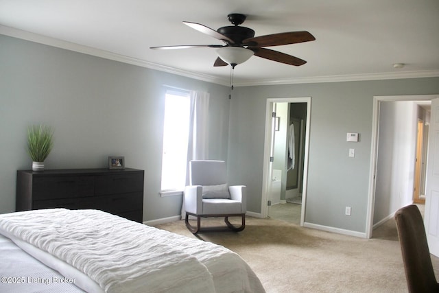 bedroom with ensuite bathroom, ornamental molding, a ceiling fan, light carpet, and baseboards