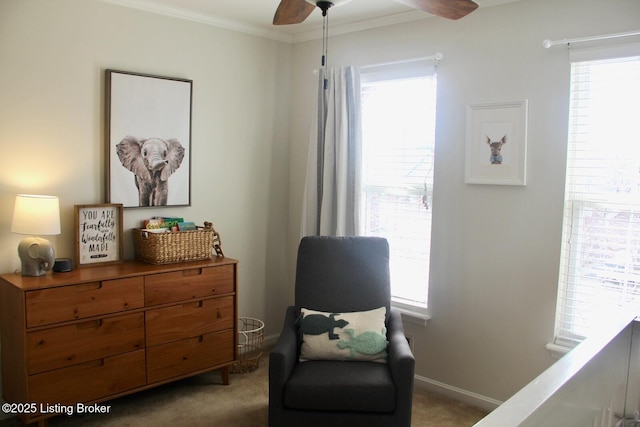 living area with carpet, crown molding, baseboards, and ceiling fan