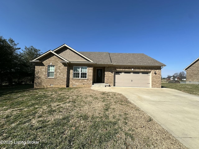 view of front of property with brick siding, concrete driveway, an attached garage, a front yard, and crawl space