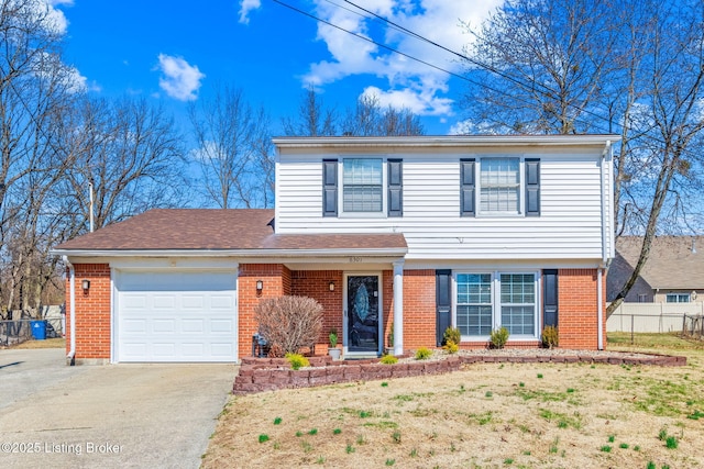 view of front facade featuring an attached garage, fence, concrete driveway, and brick siding