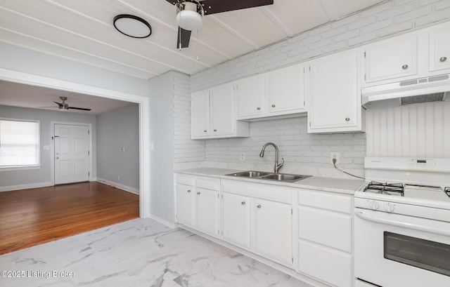 kitchen with ceiling fan, gas range gas stove, under cabinet range hood, and a sink