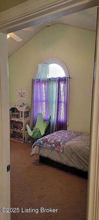 unfurnished bedroom featuring carpet floors, vaulted ceiling, and a textured ceiling