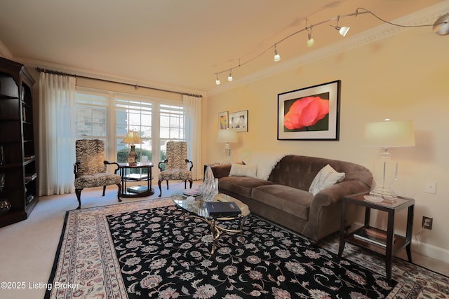 living area with carpet flooring, crown molding, and baseboards