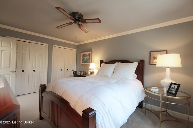 bedroom with multiple closets, a ceiling fan, carpet flooring, and crown molding