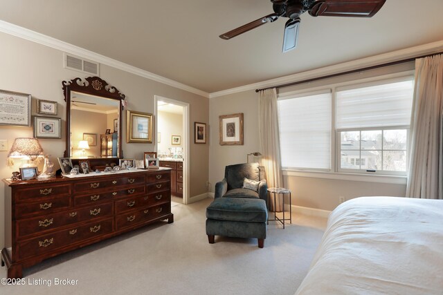 bedroom with visible vents, baseboards, light colored carpet, and ornamental molding