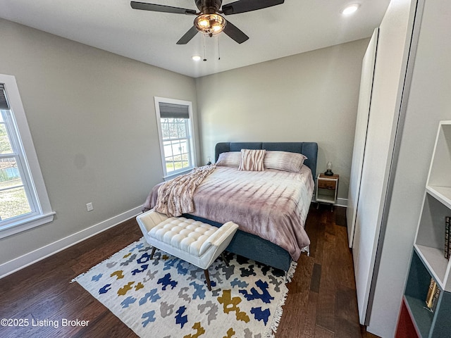 bedroom with ceiling fan, baseboards, wood finished floors, and recessed lighting