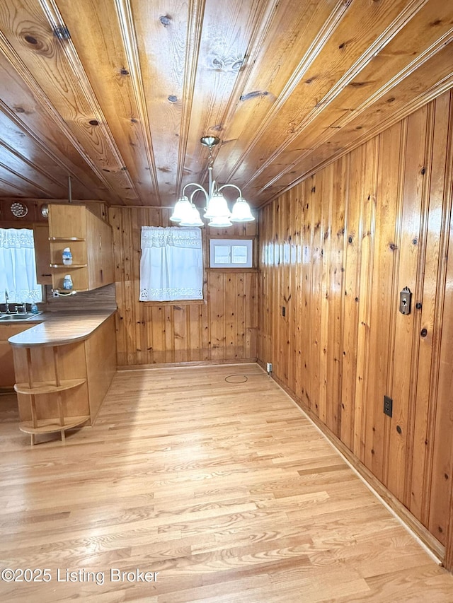 interior space featuring an inviting chandelier, wood walls, a sink, light wood-type flooring, and wooden ceiling