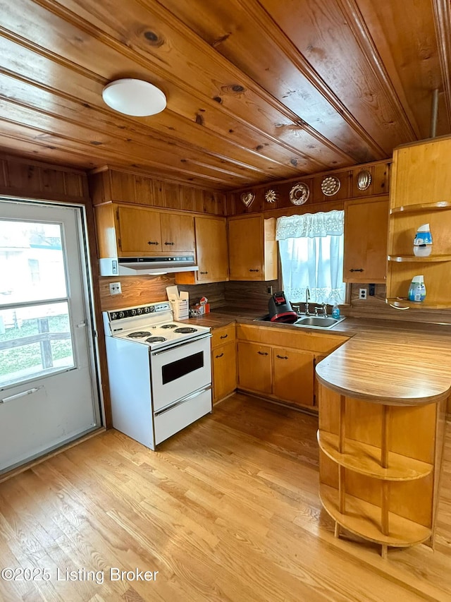 kitchen featuring wood ceiling, open shelves, under cabinet range hood, and white electric range oven