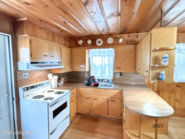 kitchen with white range with electric stovetop, wooden ceiling, under cabinet range hood, light brown cabinets, and a sink