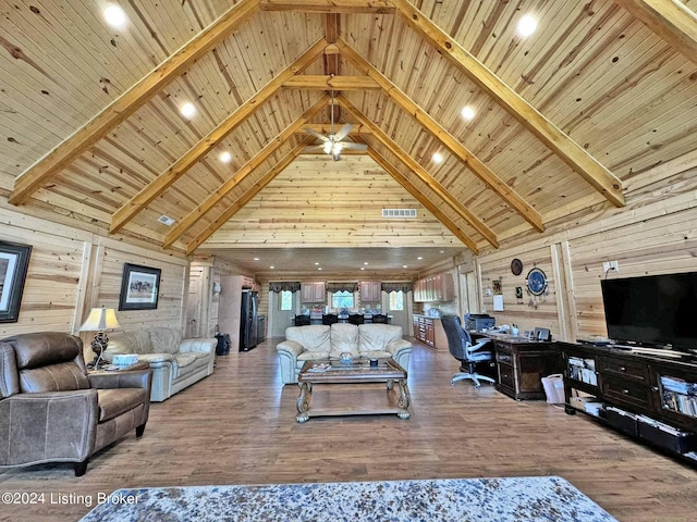 living area featuring wooden ceiling, wood walls, visible vents, and light wood finished floors