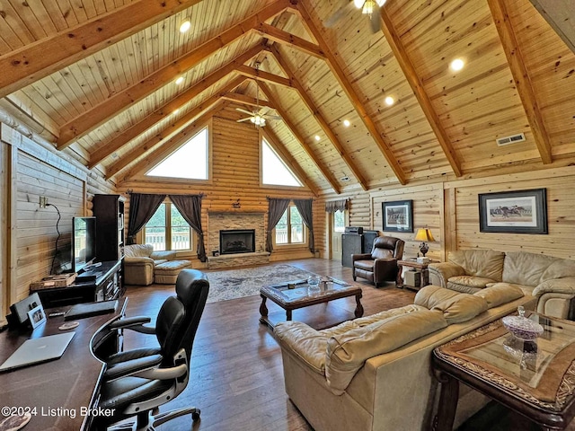 living area featuring wood ceiling, wood walls, a fireplace, and visible vents