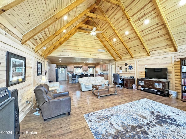 living area with wood ceiling, beamed ceiling, wooden walls, and wood finished floors