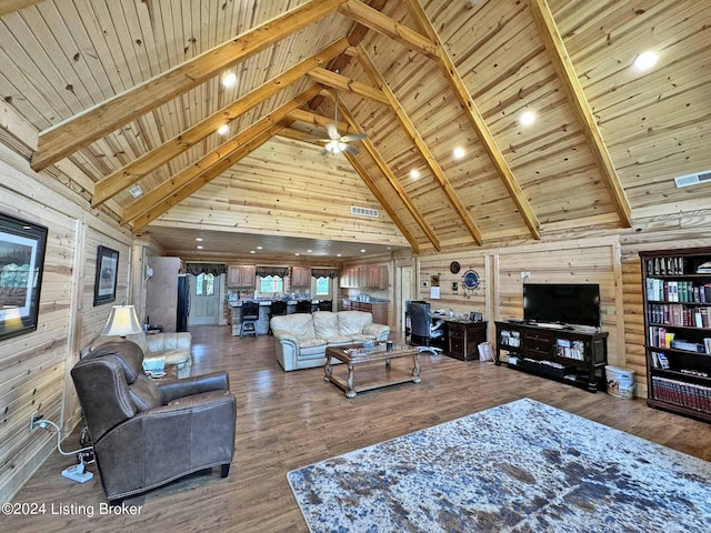 living area featuring beamed ceiling, wood finished floors, visible vents, and wooden walls