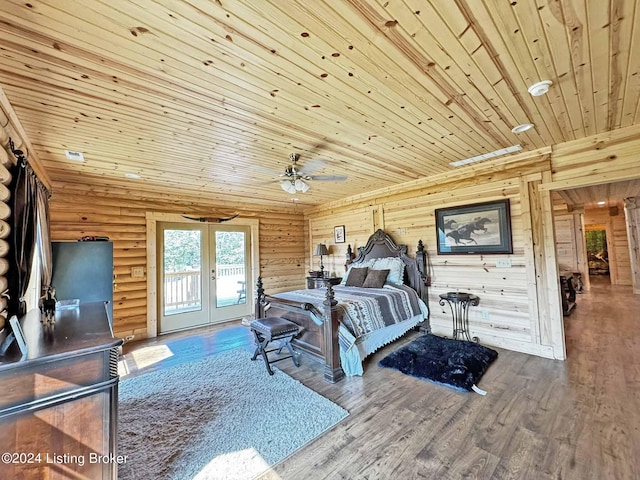 bedroom with french doors, log walls, wood finished floors, access to outside, and wooden ceiling