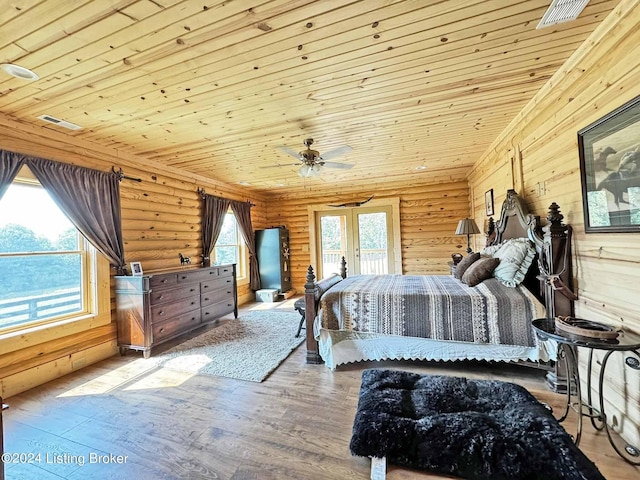 bedroom featuring wood ceiling, rustic walls, visible vents, and hardwood / wood-style flooring