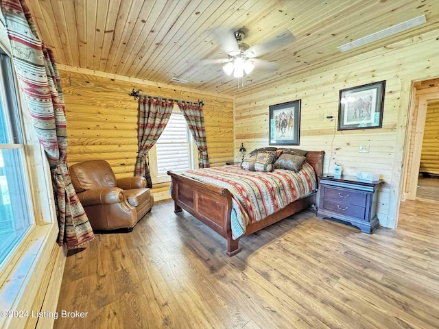 bedroom featuring wooden ceiling, ceiling fan, and light wood finished floors