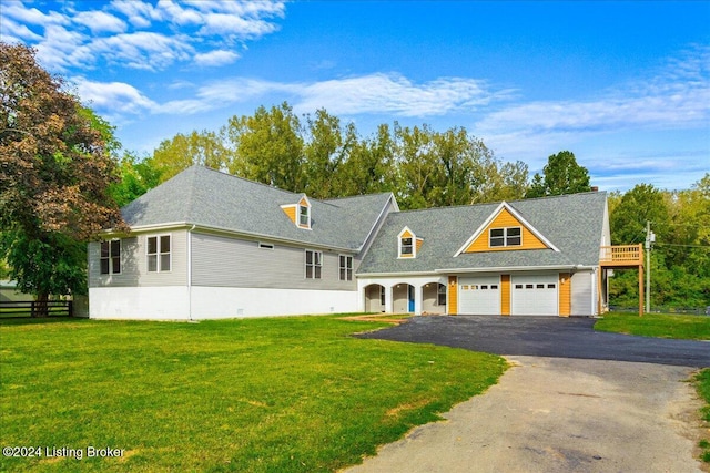 view of front facade with a shingled roof, fence, driveway, crawl space, and a front yard