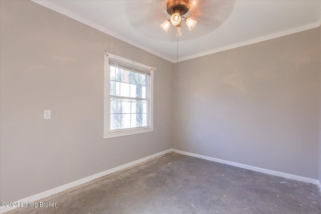 unfurnished room with crown molding, unfinished concrete flooring, baseboards, and a ceiling fan