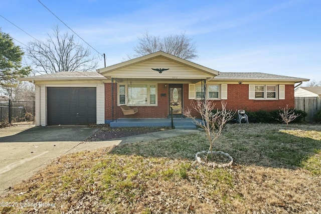 single story home featuring a garage, driveway, fence, and a porch