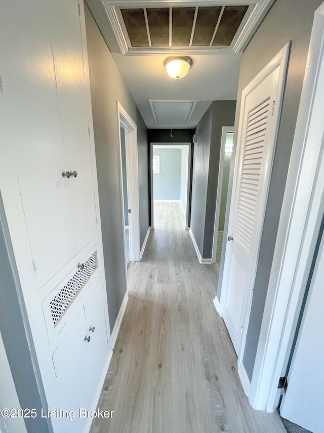 corridor with baseboards, light wood finished floors, visible vents, and attic access