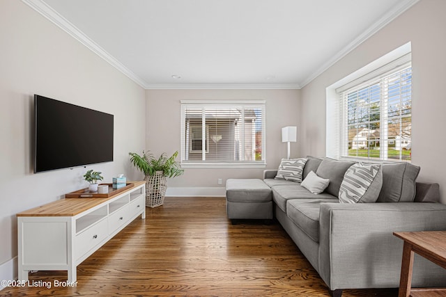 living area featuring dark wood-type flooring, baseboards, and crown molding