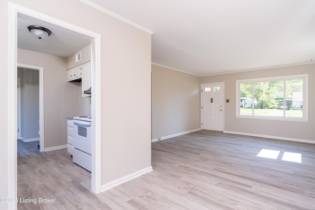 kitchen featuring ornamental molding, white cabinets, white electric range, and light wood finished floors