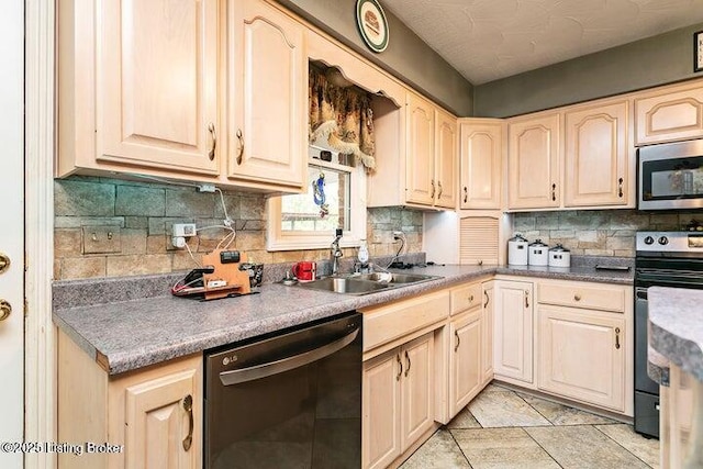 kitchen featuring decorative backsplash, dishwasher, stainless steel microwave, black range with electric stovetop, and a sink