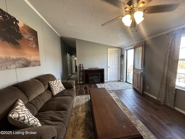 living area featuring vaulted ceiling, ornamental molding, a textured ceiling, and wood finished floors