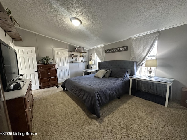 carpeted bedroom with crown molding, multiple windows, vaulted ceiling, and a textured ceiling