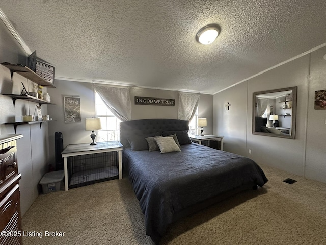 carpeted bedroom featuring crown molding, vaulted ceiling, and a textured ceiling