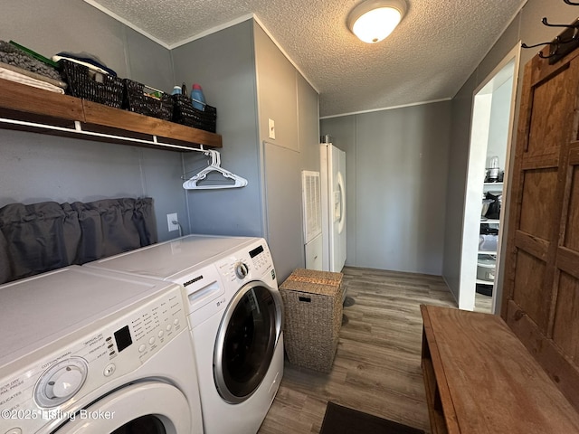 clothes washing area with dark wood-style floors, a textured ceiling, and washing machine and clothes dryer