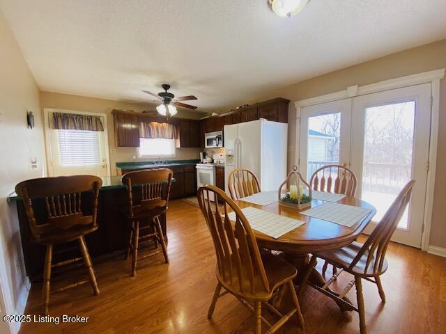 dining space with light wood-style flooring, a healthy amount of sunlight, and ceiling fan