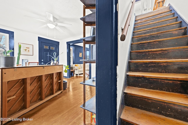 stairs with ceiling fan and wood finished floors