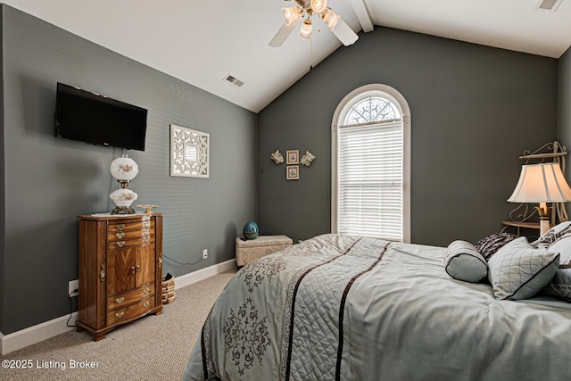 bedroom featuring visible vents, a ceiling fan, lofted ceiling with beams, carpet flooring, and baseboards