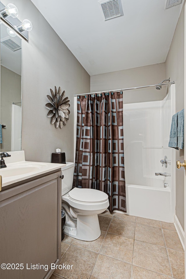 bathroom with visible vents, toilet, shower / bath combo, and vanity