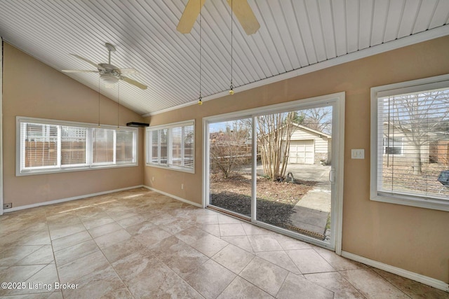 unfurnished sunroom with lofted ceiling and ceiling fan