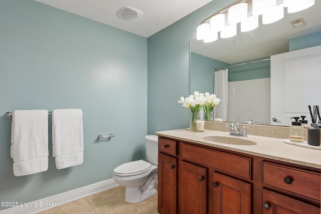 full bath with vanity, a shower with shower curtain, visible vents, tile patterned flooring, and toilet